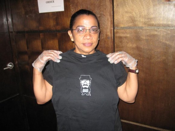 Lavatory Lady, MARIA, with her new FRANK WOOD shirt!