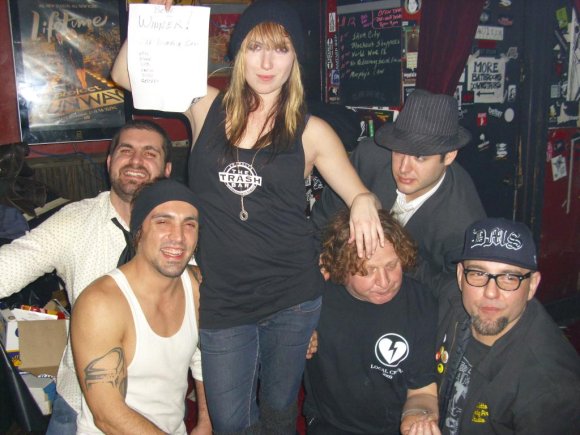 The contestants in an IRISH CARBOMB CONTEST - ERIK, AARON, CONTEST WINNER - BEBE, MARK, ROB & JIMMY GESTAPO.