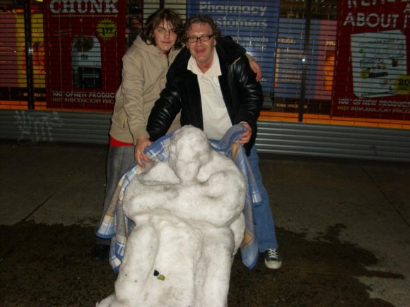 RYAN KELLY and JOE KELLY readjust blanket on Homeless Snowman