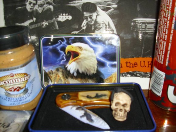 BACONNAISE, a knife, some music, a skull and some FOUR LOKO.  Now THAT"S A PARTY!